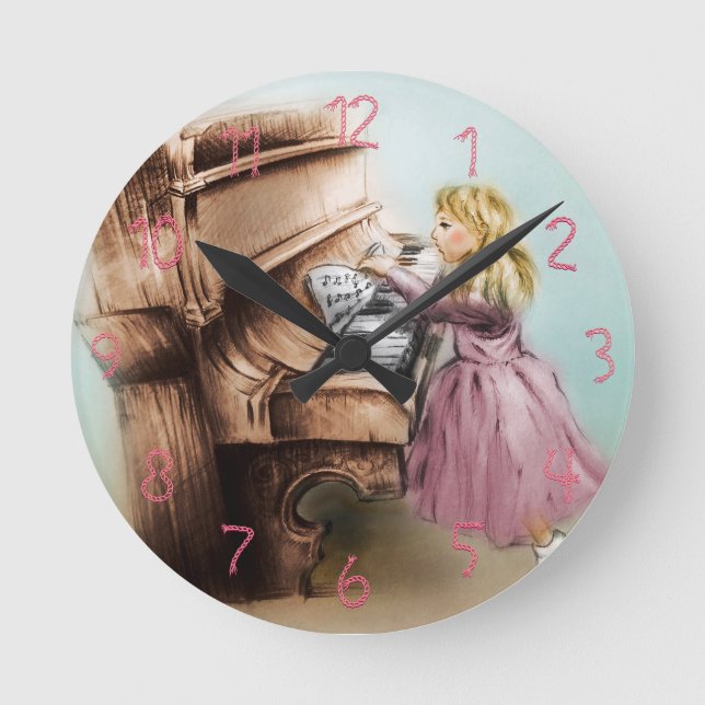 Reloj redondo de Chica de piano lindo, elegante ar (Anverso)