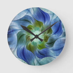 Reloj redondo de flor fractal azul verde