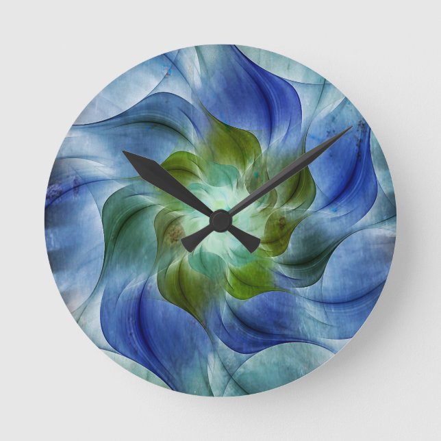 Reloj redondo de flor fractal azul verde (Anverso)