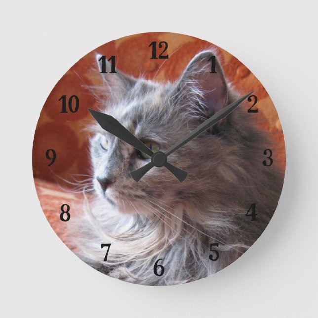 Reloj redondo de gato gris suave y suave (Anverso)