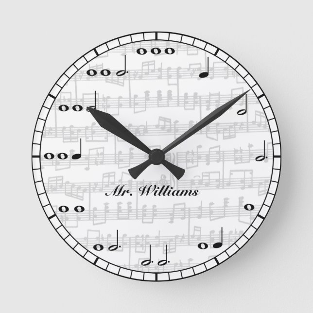 Reloj redondo de notas de música en blanco y negro (Anverso)