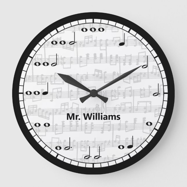 Reloj redondo de notas de música en blanco y negro (Anverso)