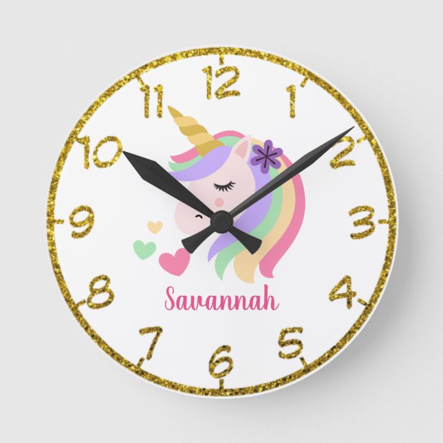 Reloj redondo de unicornio floral personalizado (Anverso)