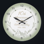 Reloj Redondo Grande 10.º Aniversario Boda Elegante<br><div class="desc">Un hermoso y minimalista diseño de aniversario boda con un verde huerto floral. Se puede personalizar agregando los nombres de los esposos y los años en que han estado casados.</div>