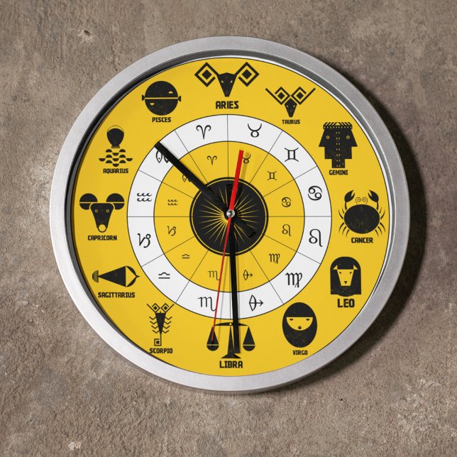 Reloj Redondo Grande 12 Indian Vedic Signs on Yellow Geometric Design (Where Tradition Meets Every Hour.)