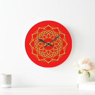 Reloj Redondo Grande 12 Petal color oro Mandala Flor en rojo