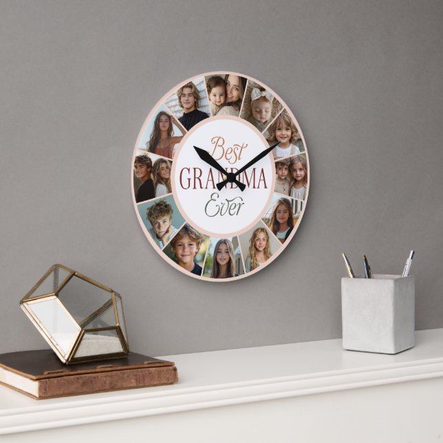 Reloj Redondo Grande 12 Photo Collage Best Grandma Ever Large Clock (Oficina)
