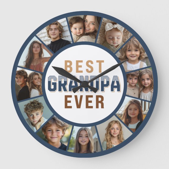 Reloj Redondo Grande 12 Photo Collage Best Grandpa Ever Large Clock (Anverso)