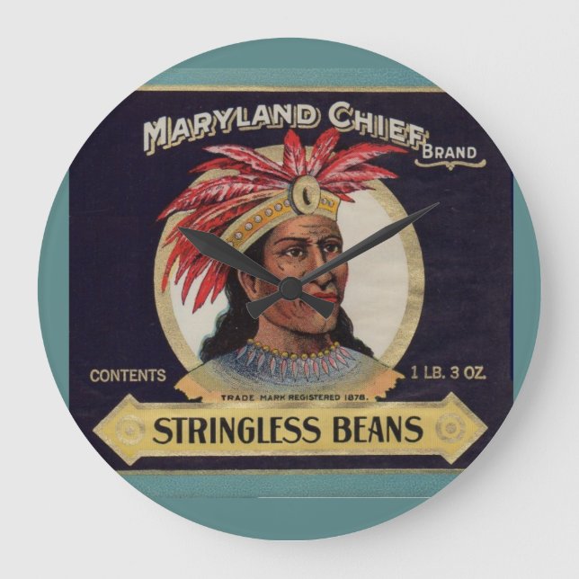 Reloj Redondo Grande 1930s Maryland Chief Stringless Beans label (Anverso)