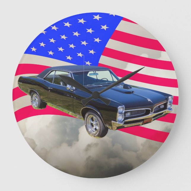 Reloj Redondo Grande 1967 Pontiac GTO y bandera americana (Anverso)