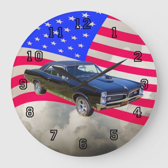 Reloj Redondo Grande 1967 Pontiac GTO y bandera americana (Anverso)