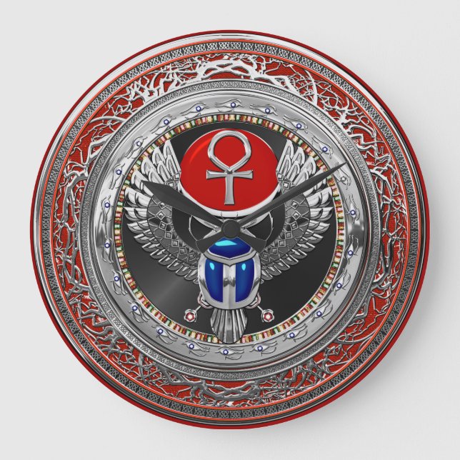 Reloj Redondo Grande [200] Scarab y Ankh de aleta sagrada egipcia de pl (Anverso)