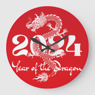 Reloj Redondo Grande 2024 año del dragón rojo blanco