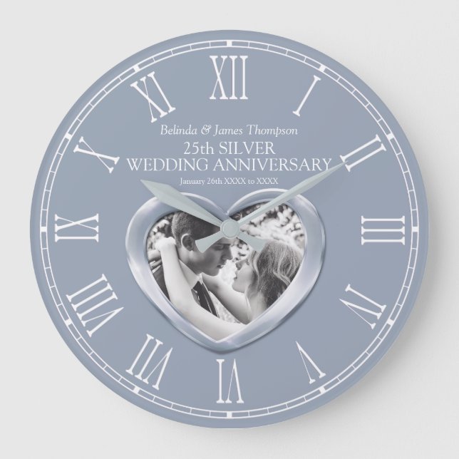 Reloj Redondo Grande 25º aniversario de boda plata personalizado foto c (Anverso)