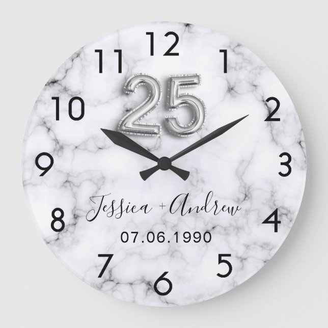 Reloj Redondo Grande 25.º boda de mármol plateado (Anverso)