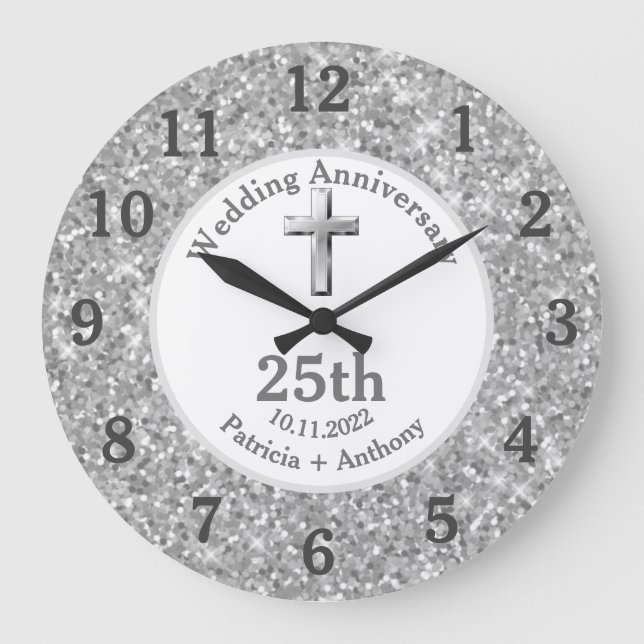 Reloj Redondo Grande 25° aniversario Boda de plata Purpurina religioso (Anverso)