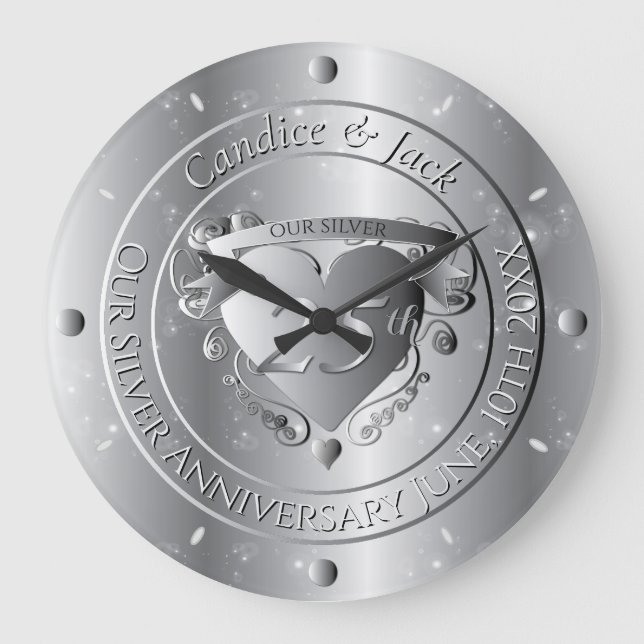 Reloj Redondo Grande 25° Aniversario Boda de Silvery Heart (Anverso)