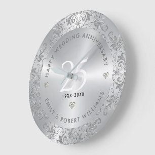Reloj Redondo Grande 25° Aniversario Boda Plata Swirls