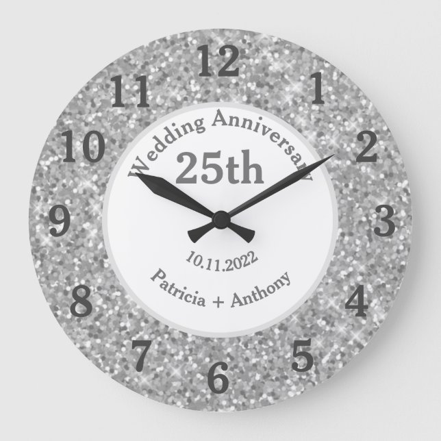 Reloj Redondo Grande 25 Aniversario de Bodas de Plata Glitter Glam (Anverso)