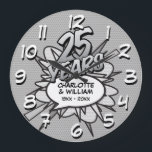Reloj Redondo Grande 25° Aniversario de Plata Historieta Libro Pop Art<br><div class="desc">Personaliza con tus nombres y detalles del 25 aniversario. Un diseño fresco,  moderno y divertido que pone,  aún más,  wham,  zap,  en una celebración especial de aniversario de plata.</div>