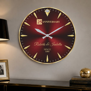 Reloj Redondo Grande 25th Anniversary Elegant Ruby Red & Gold Wedding A