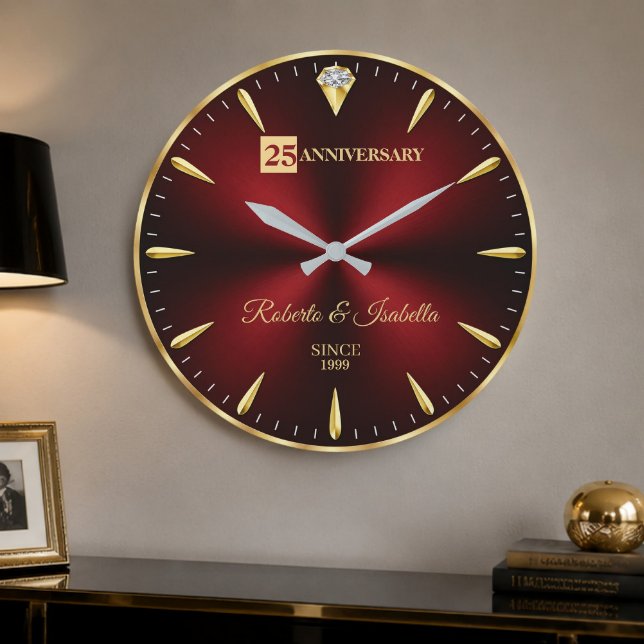 Reloj Redondo Grande 25th Anniversary Elegant Ruby Red & Gold Wedding A (Subido por el creador)