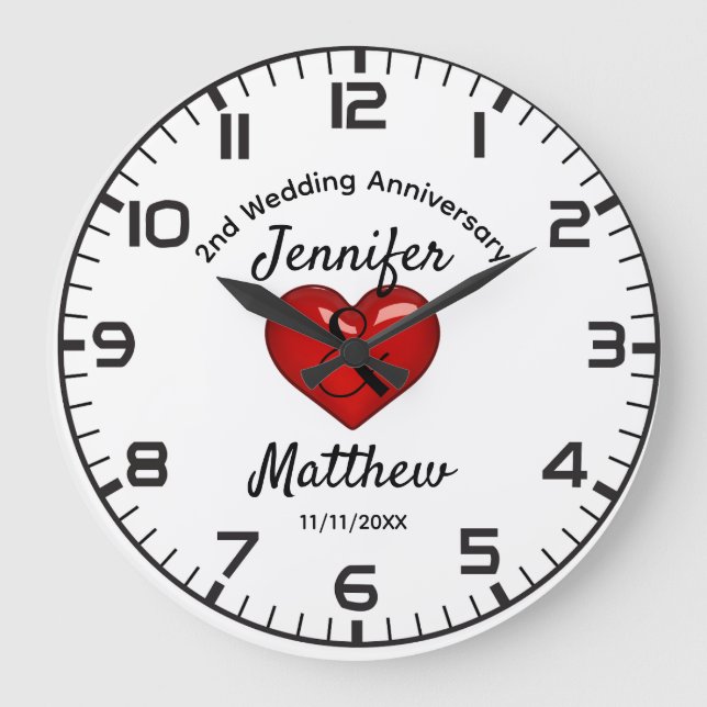 Reloj Redondo Grande 2.º regalo de aniversario de Boda personalizado (Anverso)