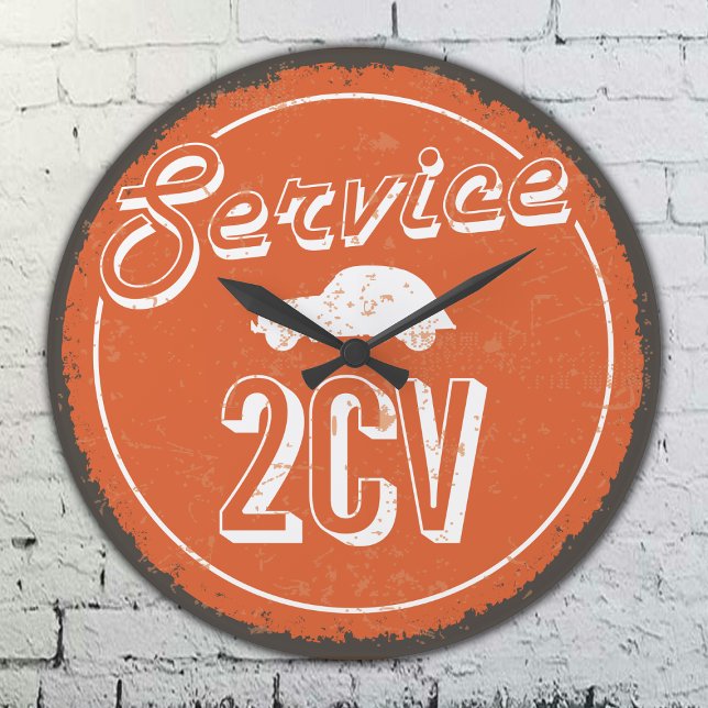 Reloj Redondo Grande 2CV Service Vintage (2CV Clock in Orange with a White Vintage Text and Deux Chevaux Illustration)