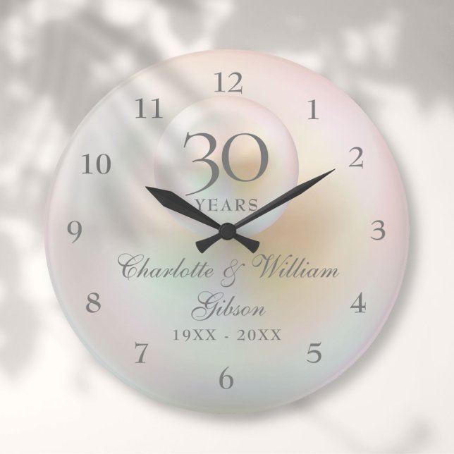 Reloj Redondo Grande 30º Aniversario de Boda Elegante Perla  (30th Wedding Anniversary Elegant Pearl Large Clock)