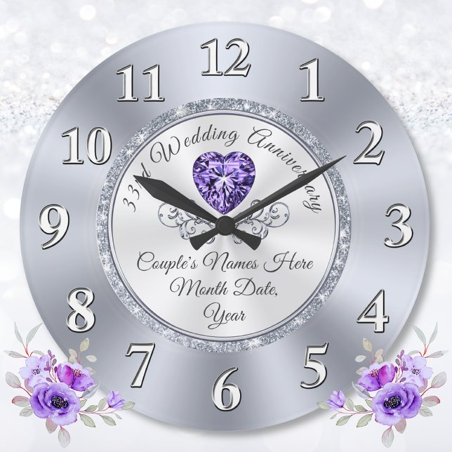 Reloj Redondo Grande 33 Aniversario Boda Regalo Tradicional,  (What is the gift for 33 years of marriage? Amethyst anniversary gift. 33 years married gift.)