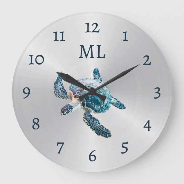 Reloj Redondo Grande 3D Turtle Silver Monogram (Anverso)