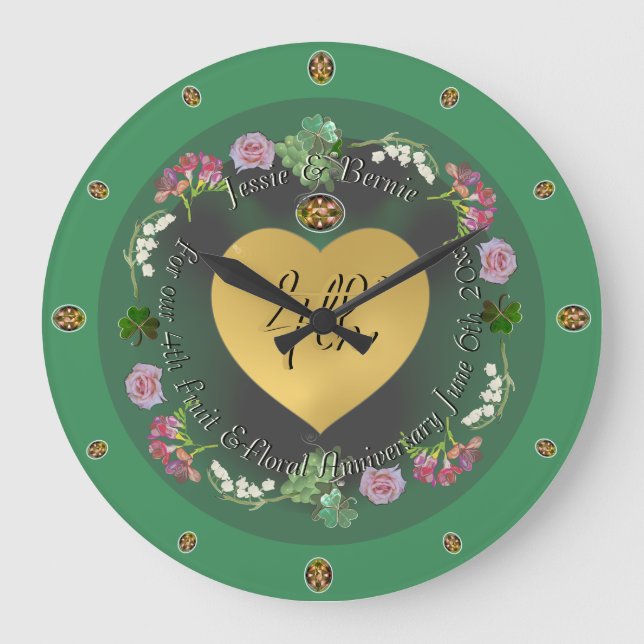 Reloj Redondo Grande 4° Aniversario del Boda Fruta y Floral+Foto (Anverso)