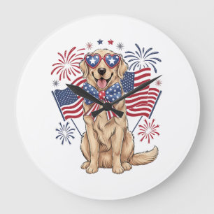 Reloj Redondo Grande 4 de Julio Patriótico Perro Dorado