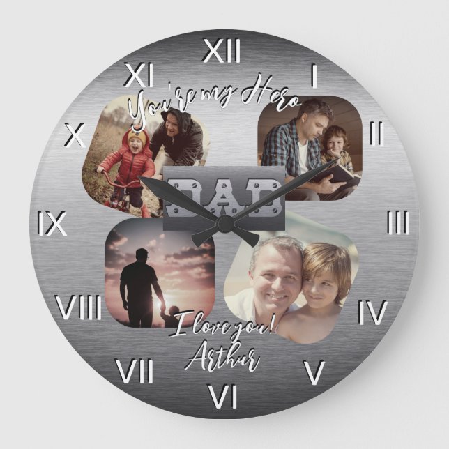 Reloj Redondo Grande 4 Foto - Tema Metalizado del Día del Padre Feliz (Anverso)