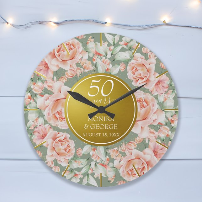 Reloj Redondo Grande 50.º aniversario Boda acuarela Floral Gold (50th Wedding Anniversary Watercolor Floral Gold Large Clock)