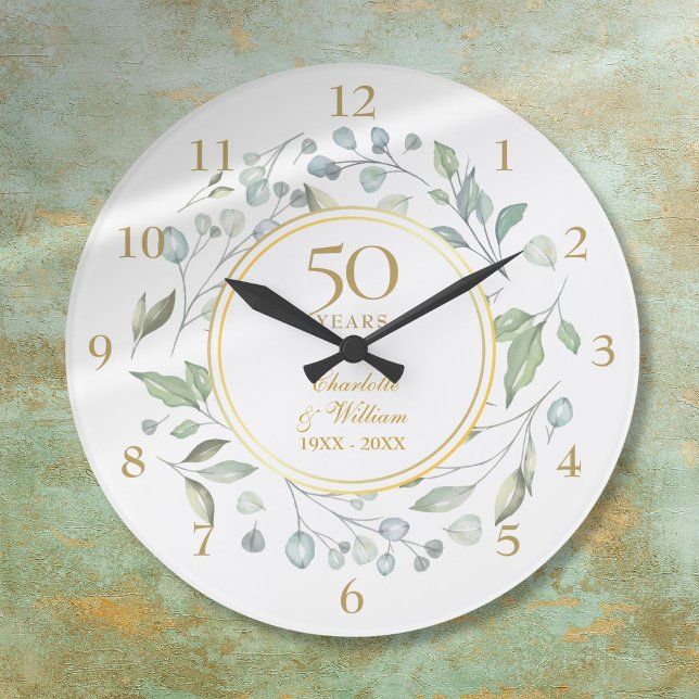 Reloj Redondo Grande 50.º Aniversario de la vegetación floral (50th Wedding Anniversary Floral Greenery Large Clock)