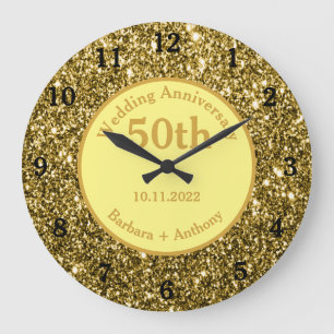 Reloj Redondo Grande 50.º Aniversario del Boda Dorado Esparkle Gold Gla