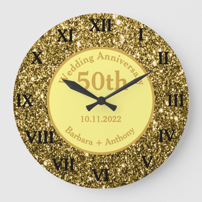 Reloj Redondo Grande 50.º Aniversario del Boda Dorado Esparkle Gold Gla (Anverso)