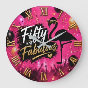 Reloj Redondo Grande 50 and fabulous, 50th birthday pink flamingo