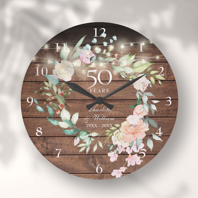Reloj Redondo Grande 50° Aniversario Floral Rústica Madera Tiras Luces (50th Anniversary Floral Rustic Wood String Lights Large Clock)