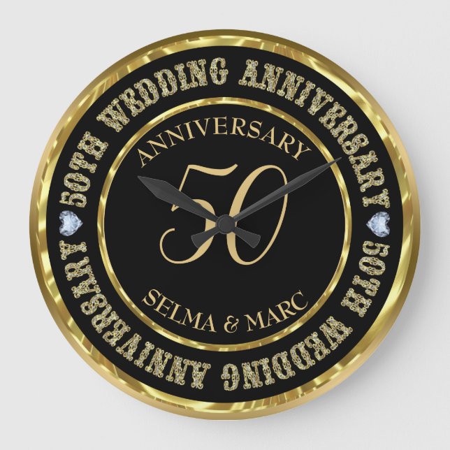 Reloj Redondo Grande 50° Aniversario Oro metálico y Negro (Anverso)