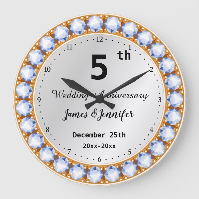 Reloj Redondo Grande 5.º Aniversario Boda Nombres personalizados de dia (Anverso)