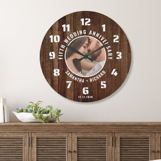Reloj Redondo Grande 5th Wedding Anniversary Photo Rustic Pallet Wood  