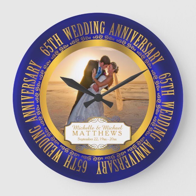 Reloj Redondo Grande 65° Aniversario del Boda Foto Keepsake (Anverso)