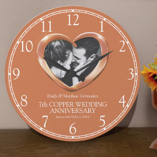 Reloj Redondo Grande 7º aniversario de bodas de cobre corazón de foto p