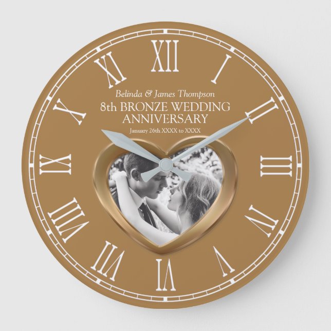 Reloj Redondo Grande 8º aniversario del boda de Bronce personalizado fo (Anverso)