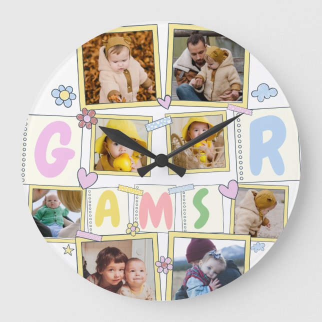 Reloj Redondo Grande 8 Collage de fotos Cute bebé Granja azul rosa (Anverso)