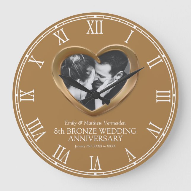 Reloj Redondo Grande 8th Bronze wedding anniversary custom photo heart (Anverso)