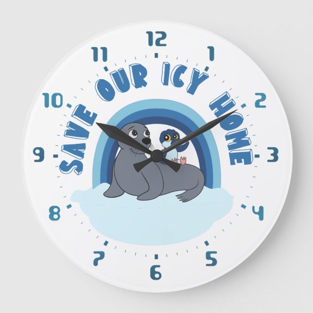 Reloj Redondo Grande A seal and a penguin "Save Our Icy World" cartoon (Anverso)