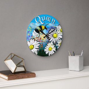Reloj Redondo Grande Abeja Bumble Caprichosa en Margaritas Personalizad